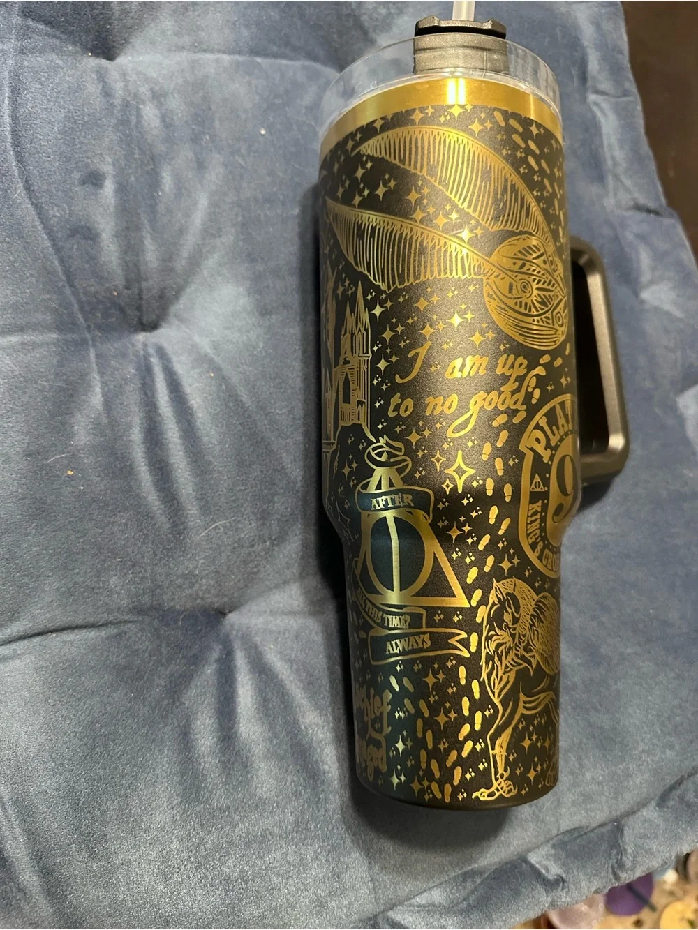 Gold and Black Harry Potter Illustrated Travel Tumbler with Handle - Home Dining